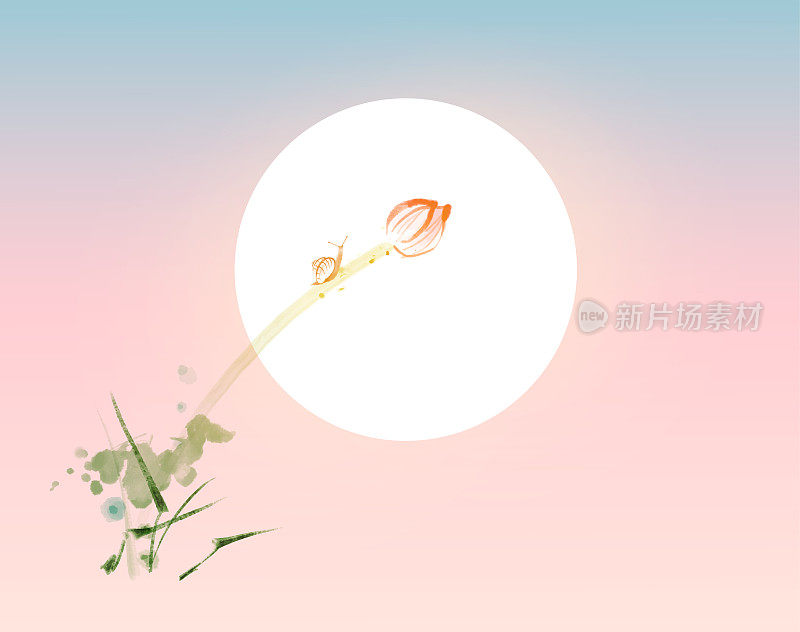 小蜗牛在莲花和日出的背景。传统的东方水墨画:美锷、玉心、围棋。极简主义禅宗插图