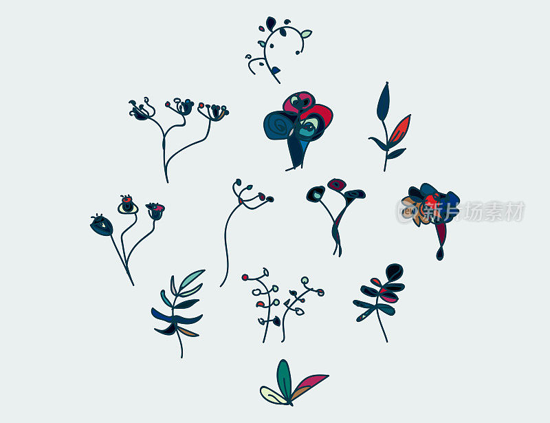 一套手绘色彩植物枝花卉图案，涂鸦设计元素