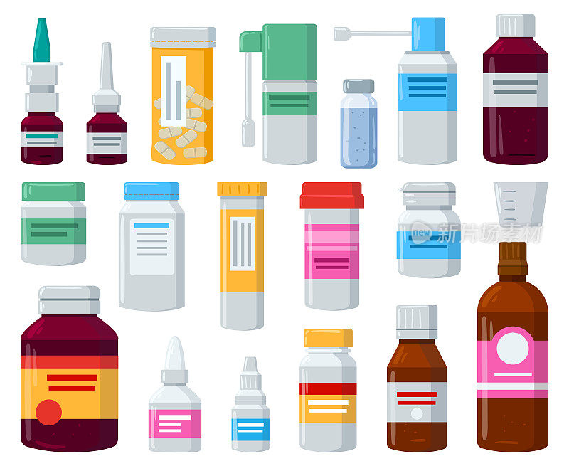 卡通医疗药品，药丸容器或维生素塑料瓶。药品容器与胶囊，止痛药，维生素向量插图集。药用瓶