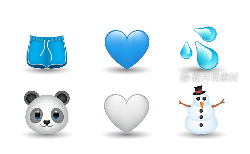短片，水滴，白色和蓝色的心，熊猫，雪人矢量表情插图
