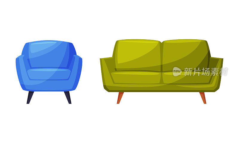 绿色的沙发和蓝色的扶手椅，舒适的房间内部矢量插图家具