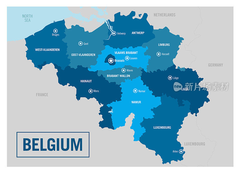 比利时国家政治地图。详细的矢量插图与孤立的国家，地区和城市容易ungroup。