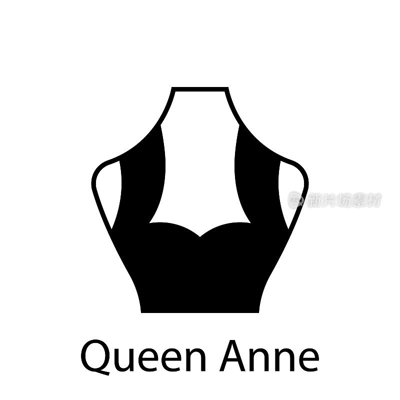 女王安妮的时尚领口类型的女衬衫，连衣裙轮廓图标。黑色t恤，露脐上衣。时尚女士安妮女王型领口。孤立的矢量图
