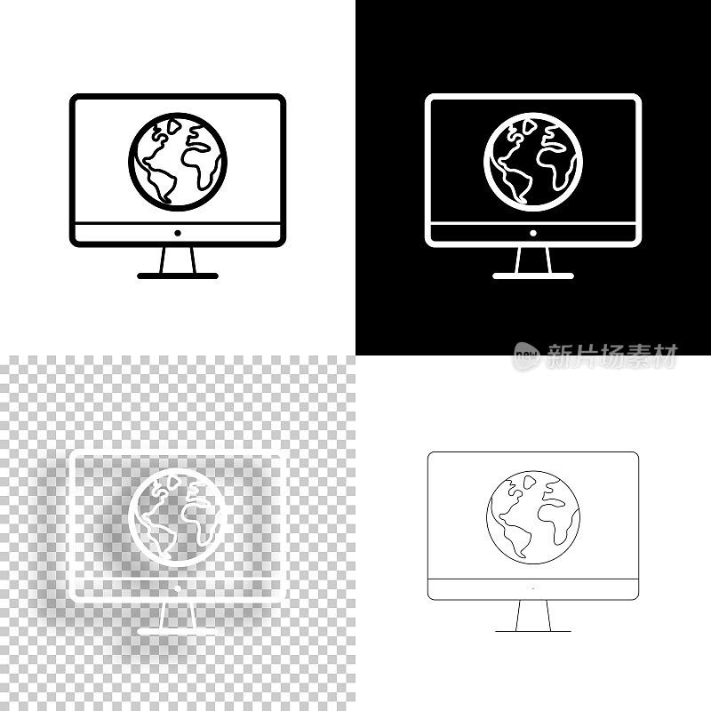 台式电脑与地球。图标设计。空白，白色和黑色背景-线图标