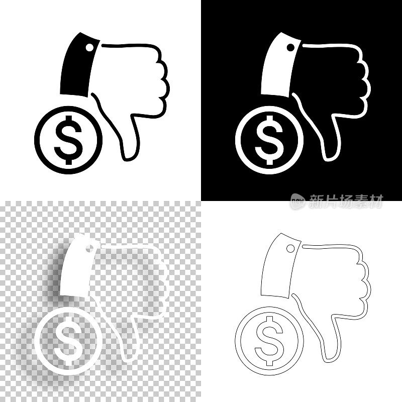 大拇指朝下的一美元硬币。图标设计。空白，白色和黑色背景-线图标