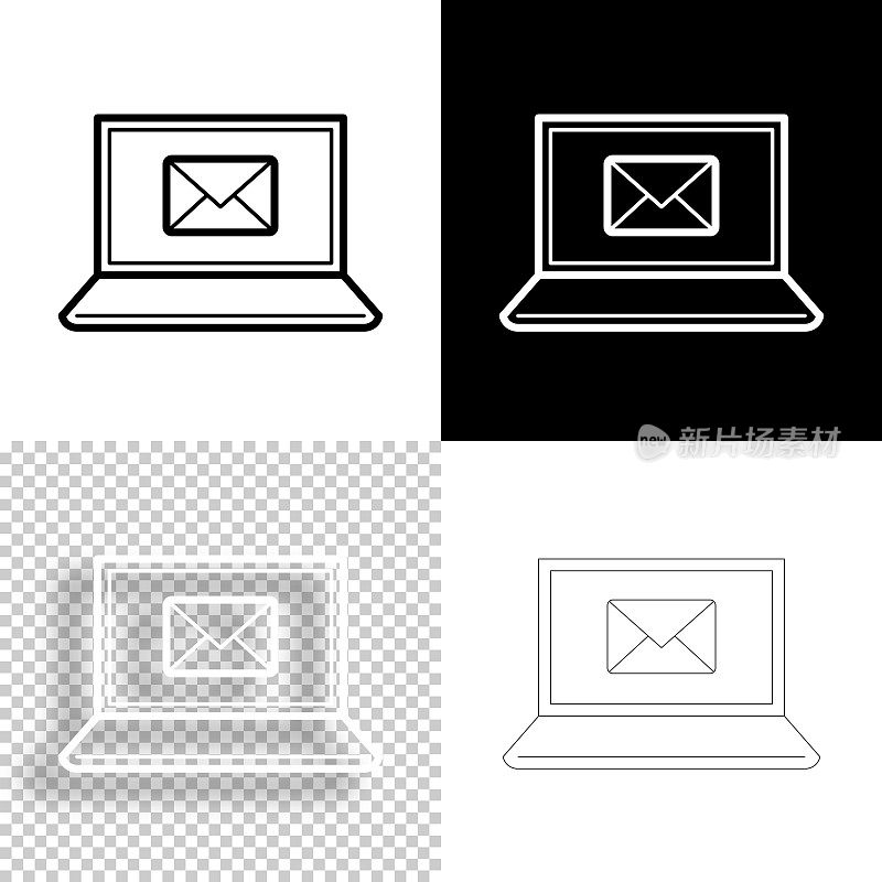 笔记本电脑与电子邮件信息。图标设计。空白，白色和黑色背景-线图标