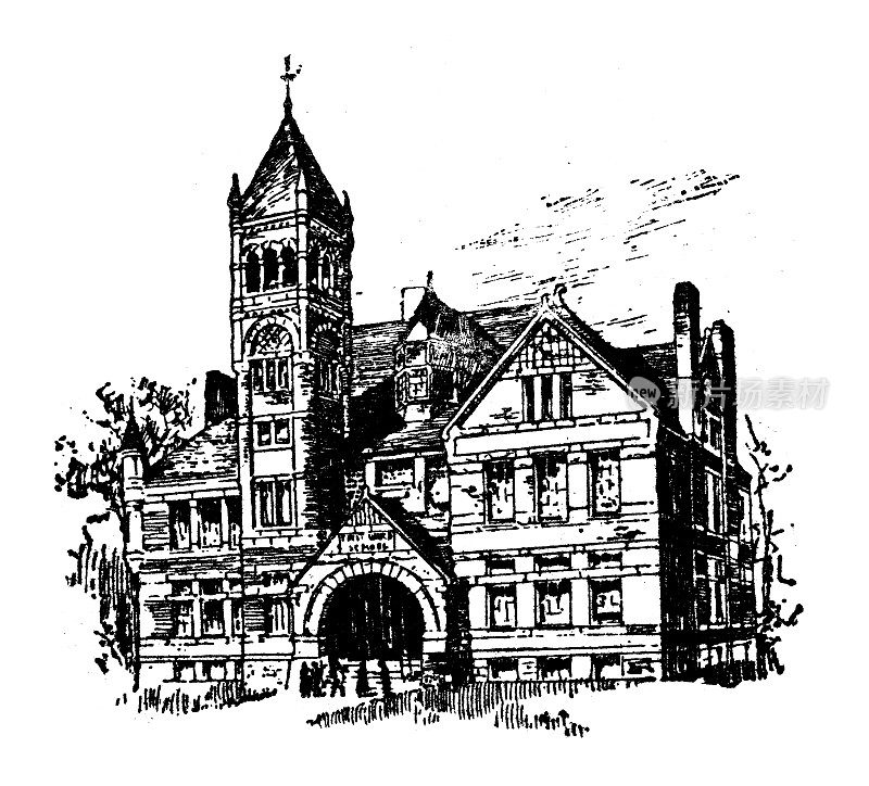 美国，威斯康星州地标和公司的古董插图:奥什科什，第一病房学校