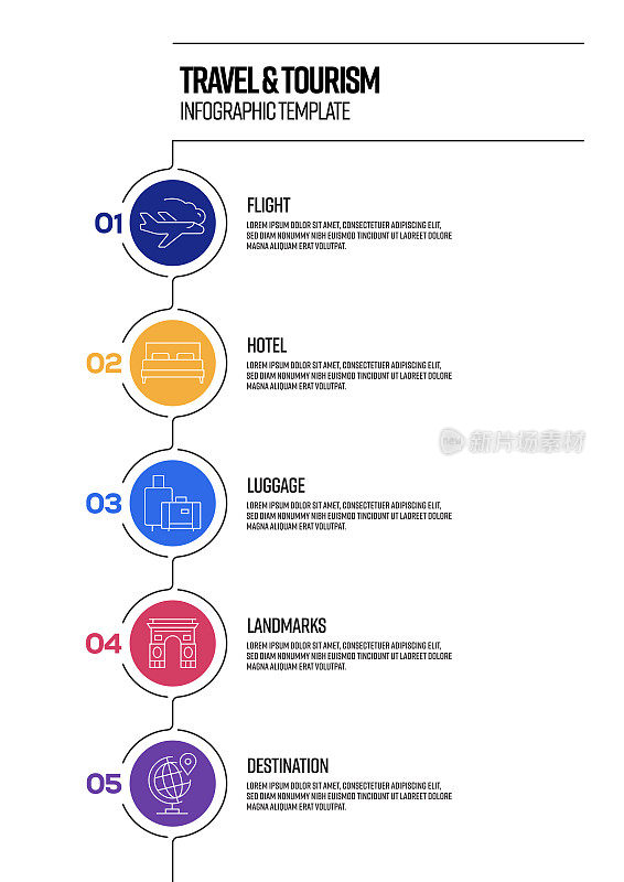 旅行和旅游概念矢量线信息图设计与图标。5选项或步骤的展示，横幅，工作流程布局，流程图等。
