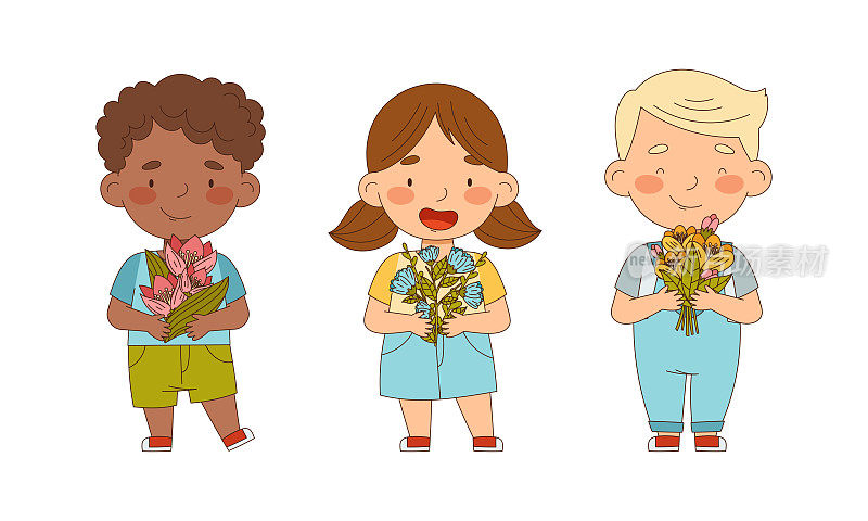 可爱的男孩和女孩拿着一束春天或夏天的花设置卡通矢量插图
