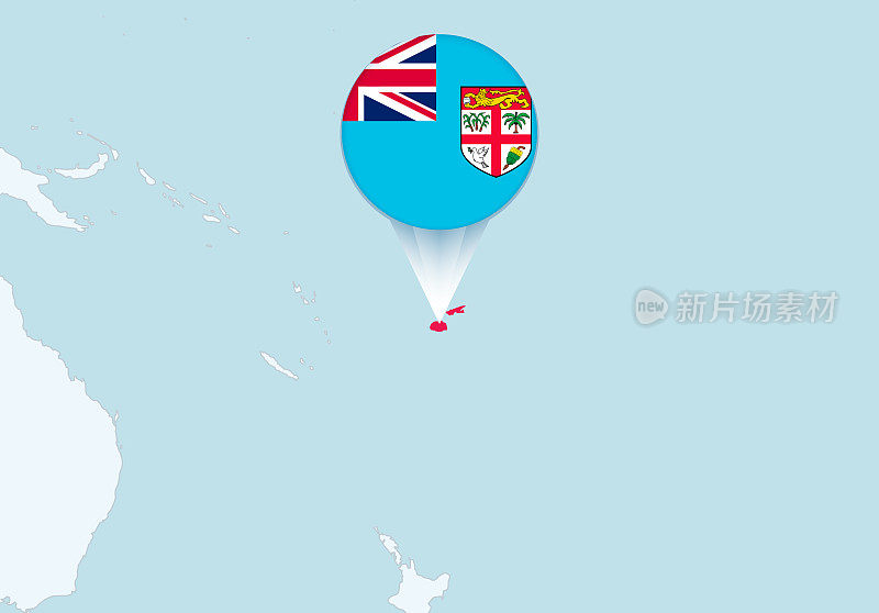 大洋洲与选定的斐济地图和斐济国旗图标。