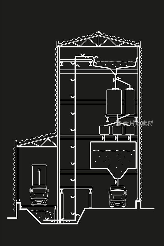 黑色背景电梯的线性建筑草图工厂部分
