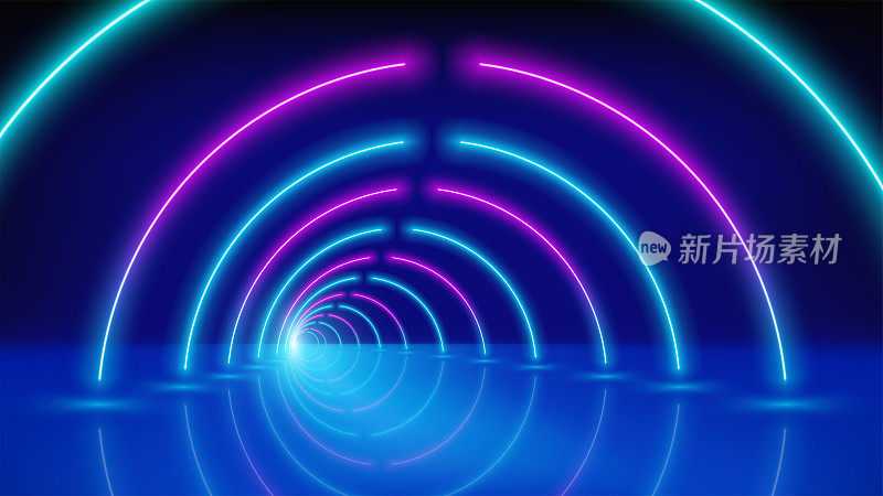 发光的霓虹灯线，隧道，led舞台。技术背景抽象，虚拟现实。粉红蓝紫的霓虹灯走廊的圆圈，透视。紫外线明亮的光芒。矢量图