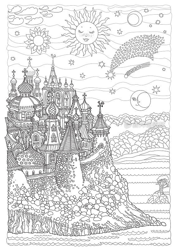 矢量卡通童话俄罗斯中世纪城堡小镇。成人和儿童涂色书页