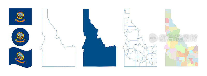 爱达荷州地图。详细的蓝色轮廓和剪影。行政区划和县。亚利桑那州旗。向量映射的集合。全部孤立在白色背景上。模板的设计。