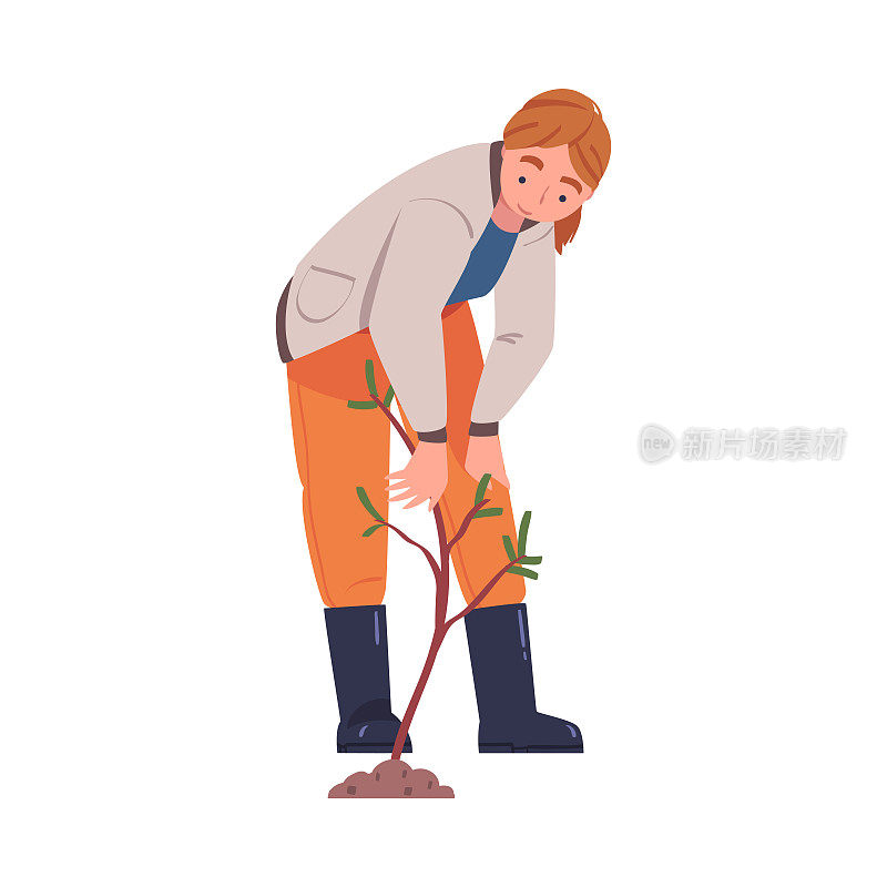 女性角色在土壤中种植树苗，照顾地球和自然矢量插图