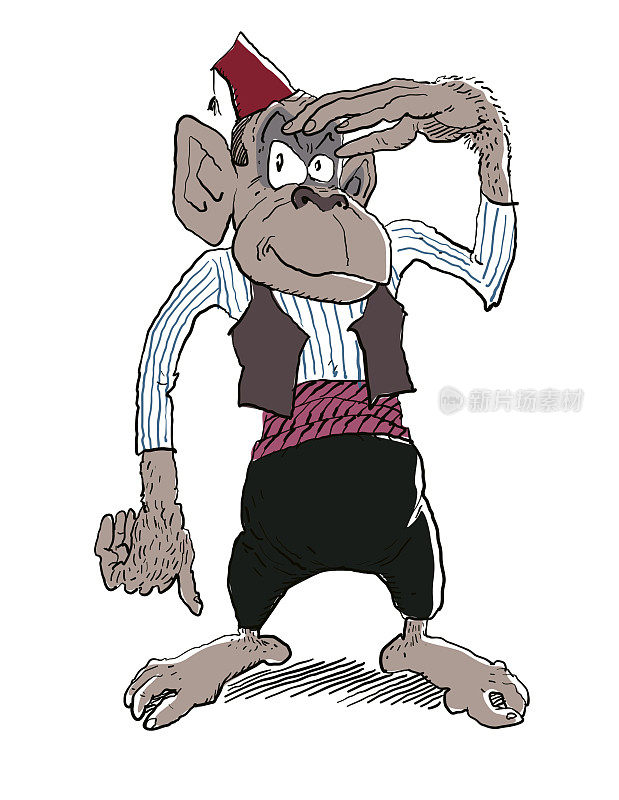 一只猴子戴着毡帽，穿着正宗的阿拉伯中东服饰