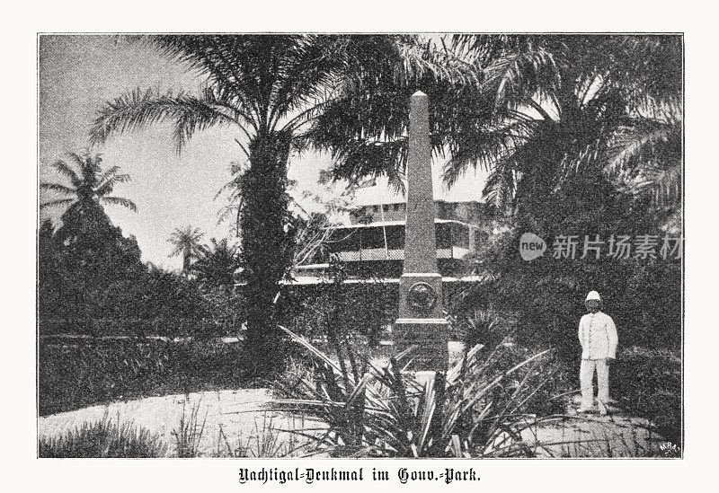 喀麦隆杜阿拉的古斯塔夫·纳赫蒂加尔纪念碑，半色调印刷，1899年出版