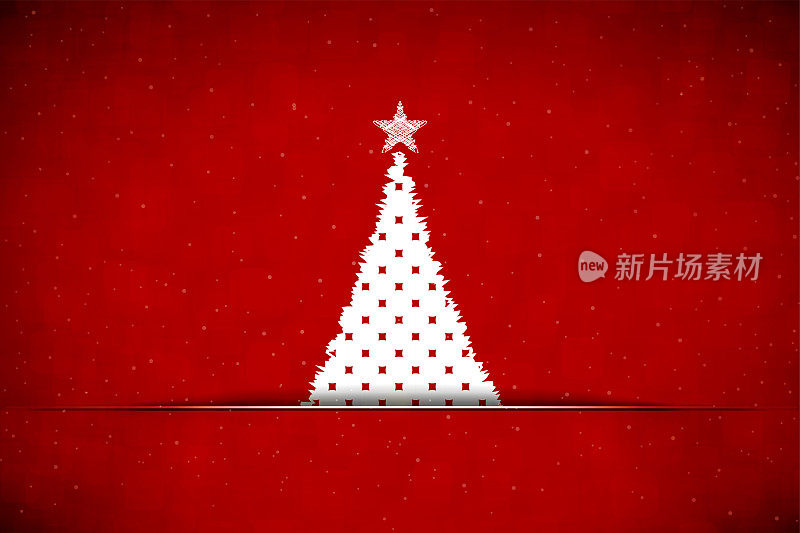 一个有创意的空白水平插画，白色斑点抽象圣诞树的顶部有一颗星星，滑进一个裂缝在鲜红色的圣诞背景与复制空间