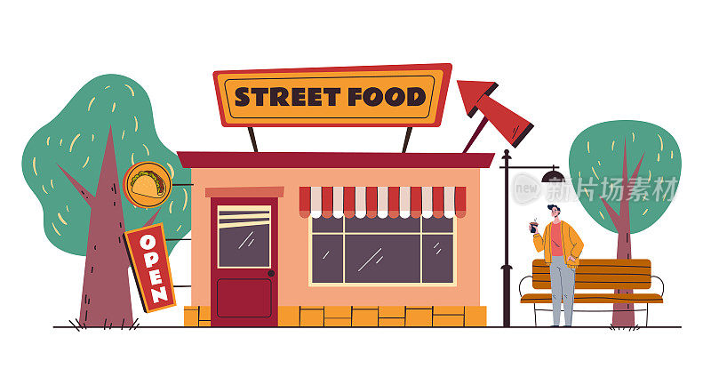 街道上的咖啡馆店，咖啡店前立面外立面抽象概念。矢量平面设计插图
