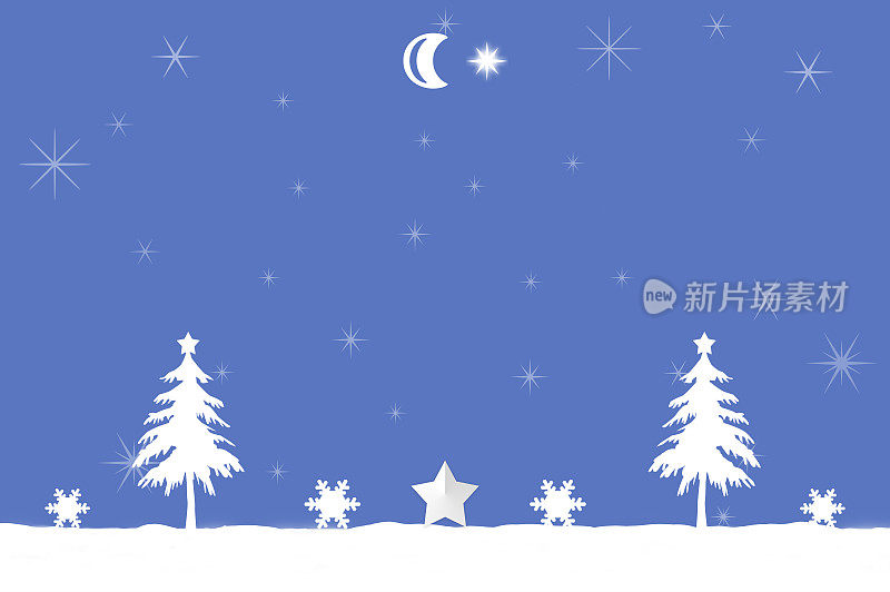 圣诞树和星星，白色的雪景背景插画