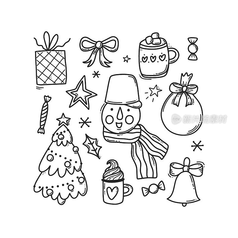 圣诞节涂鸦集。手绘新年收藏品，圣诞树，雪人，饮料，礼物，糖果，雪花。线条风格中黑色勾勒冬季设计元素。矢量插图。