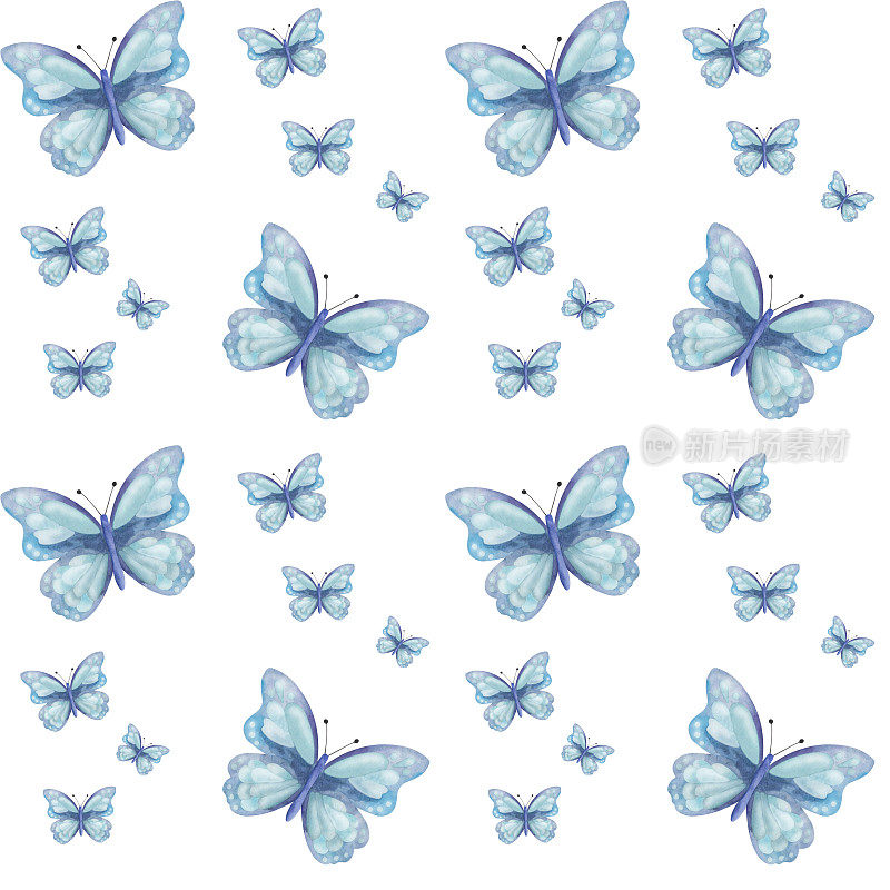 水彩无缝图案从手绘插图蓝色蝴蝶与展开的翅膀。飞行昆虫蛾