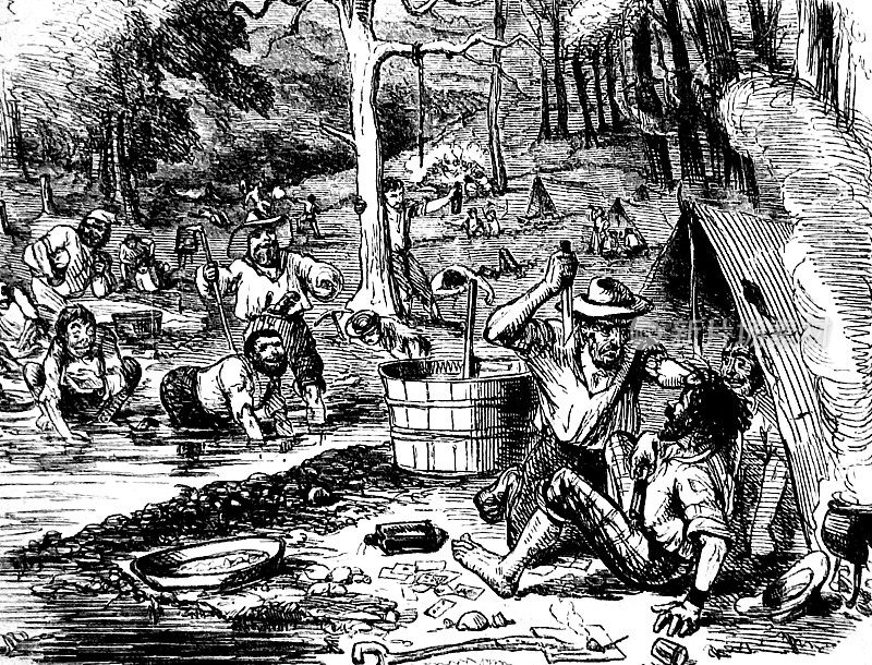 1848年，加利福尼亚，发现金矿，两个男人在帐篷营地争吵，其中一个拿着刀