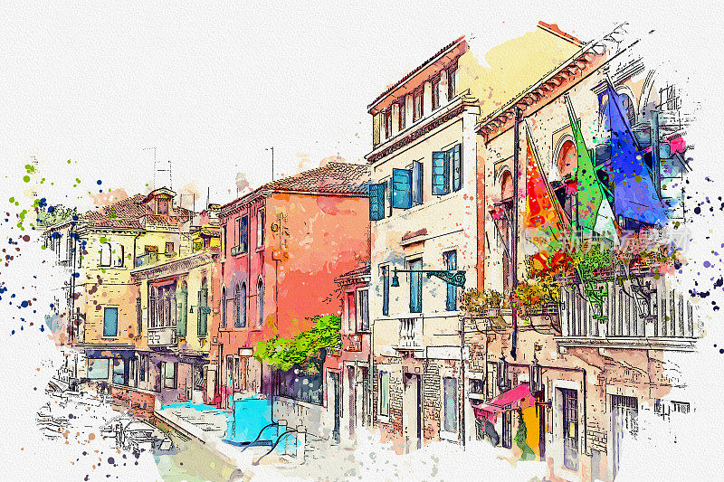 水彩画风景画威尼斯美丽的意大利地标。