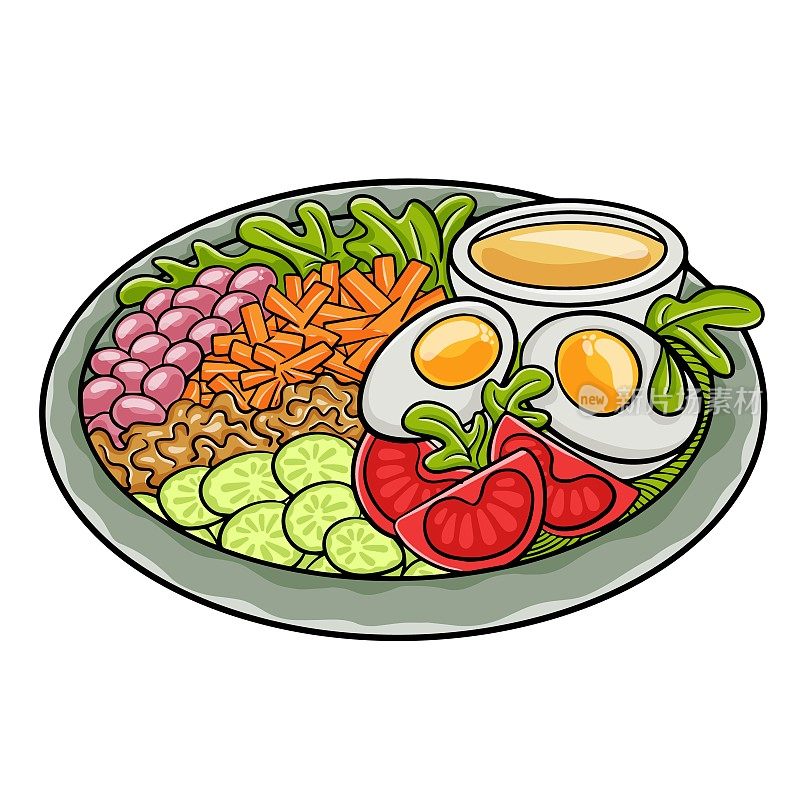 Gado-gado是一种典型的印尼沙拉，包括煮蔬菜和土豆、煮鸡蛋、炸豆豉和龙桐，配上花生酱