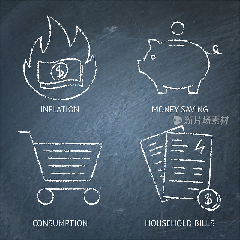 通货膨胀和消费黑板图标集