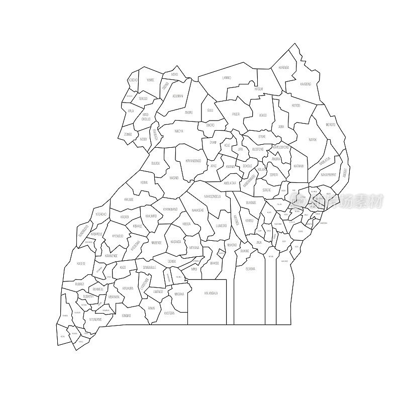乌干达行政区划的政治地图