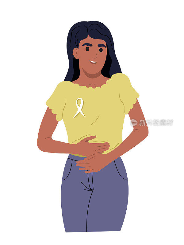 一个年轻的微笑的女孩用她的手抱着她的肚子。子宫内膜异位症意识丝带。一位非裔美国妇女，是女性健康的象征。世界子宫内膜异位症宣传日。