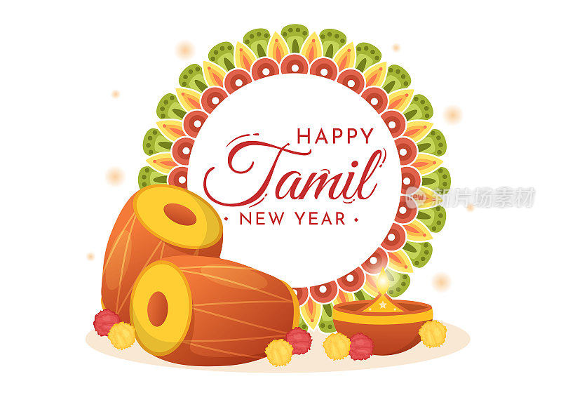 快乐的泰米尔新年插图与毗毗树花，罐子和印度印度教节日在平面卡通手绘的登陆页模板