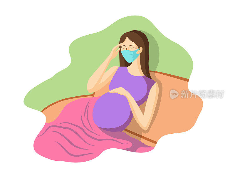 一个戴面具的孕妇抓着她的头。矢量插图的晚期怀孕妇女坐在沙发上抓着她的头在痛苦