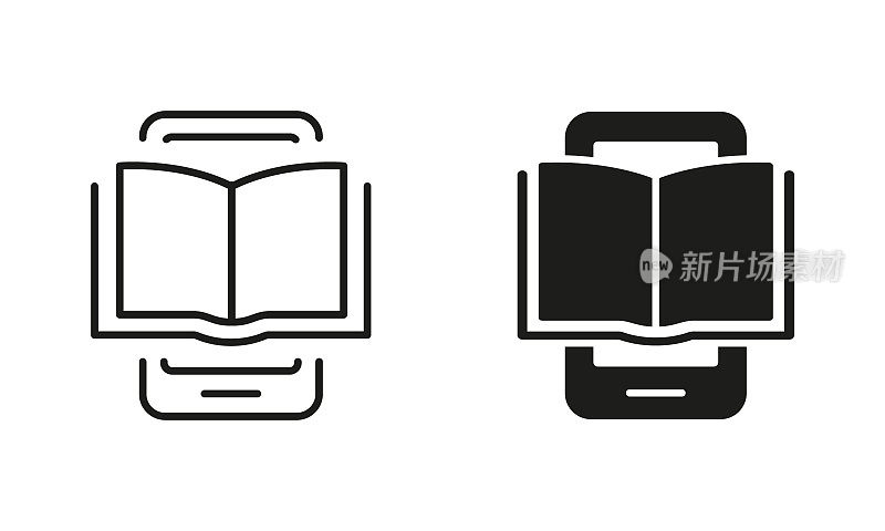 电子书上的手机轮廓和线图标集。用于教育和学习的电子书设备。电子阅读器，电子阅读器黑色标志。智能手机与开放电子书。矢量隔离插图