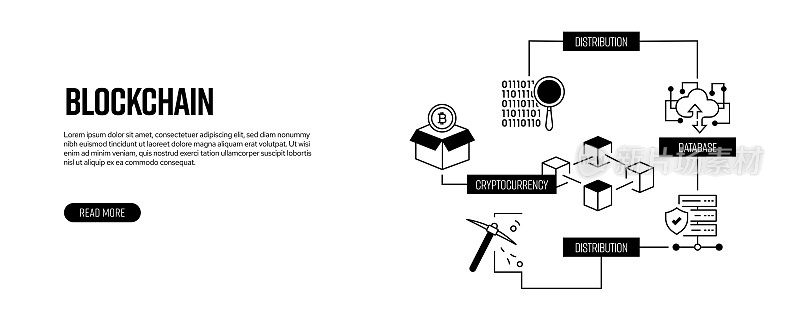 区块链相关的横幅设计。技术，比特币，连接，未来主义，数据库，虚拟现实