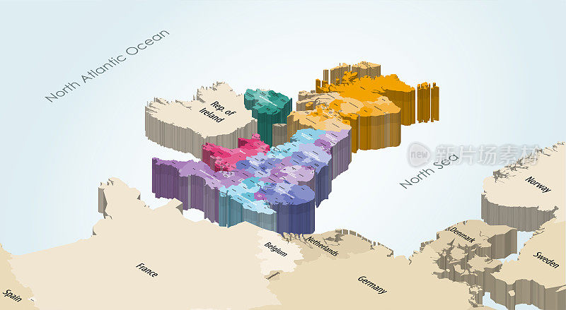 英国等距地图，由地方政府分区和国家着色，以邻国为背景