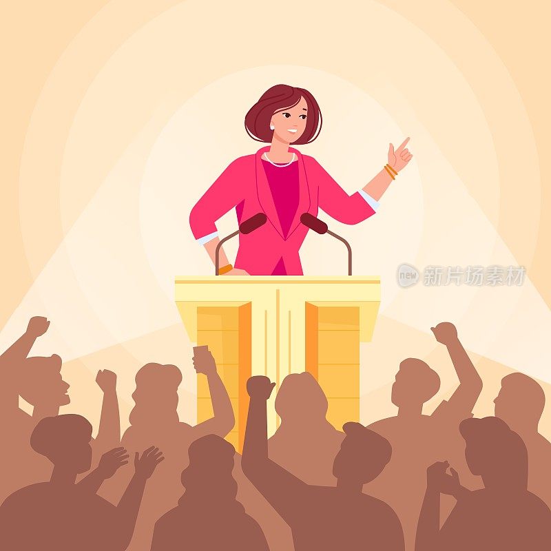 女人的政治家。美国女政治演讲人在学院讲台上向媒体听众演讲商业或政治坦诚会议，领导向量说明