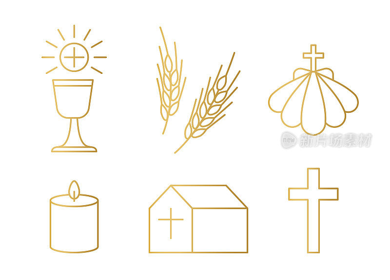 金色基督教，圣餐图标集;圣杯，麦穗，洗礼壳，蜡烛，教堂和十字架