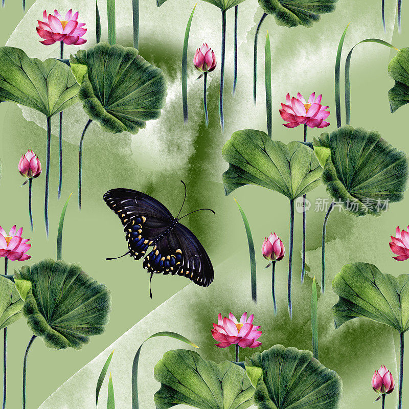 粉色莲花和蝴蝶的无缝图案。