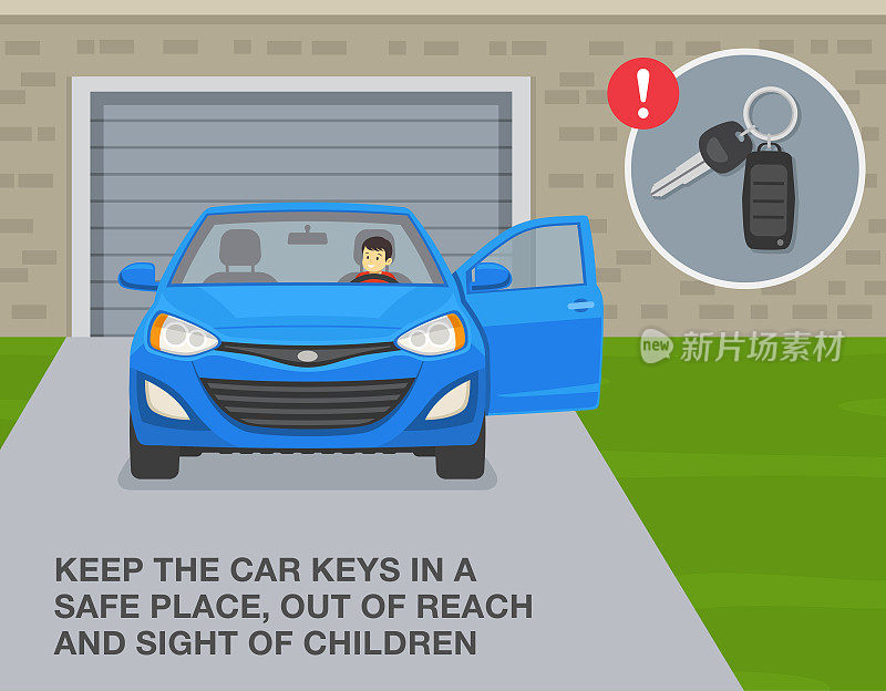 安全驾驶技巧和规则。把车钥匙放在安全的地方，孩子们拿不到也看不见。男孩打开车门，坐在前驾驶座上。