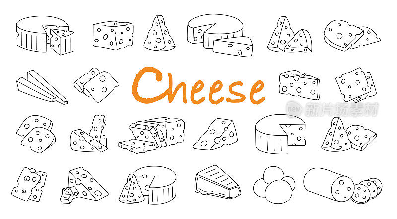 奶酪轮廓套装。里面有洞的奶酪片。切达干酪、卡门培尔干酪、砖干酪、马苏里拉干酪、马斯丹干酪、布里干酪、罗克福尔干酪、豪达干酪、菲达干酪和帕尔马干酪。