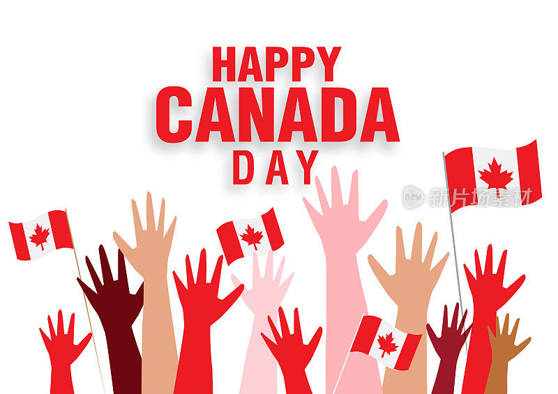 加拿大日快乐问候网页横幅设计模板，手臂举起，挥舞着加拿大国旗