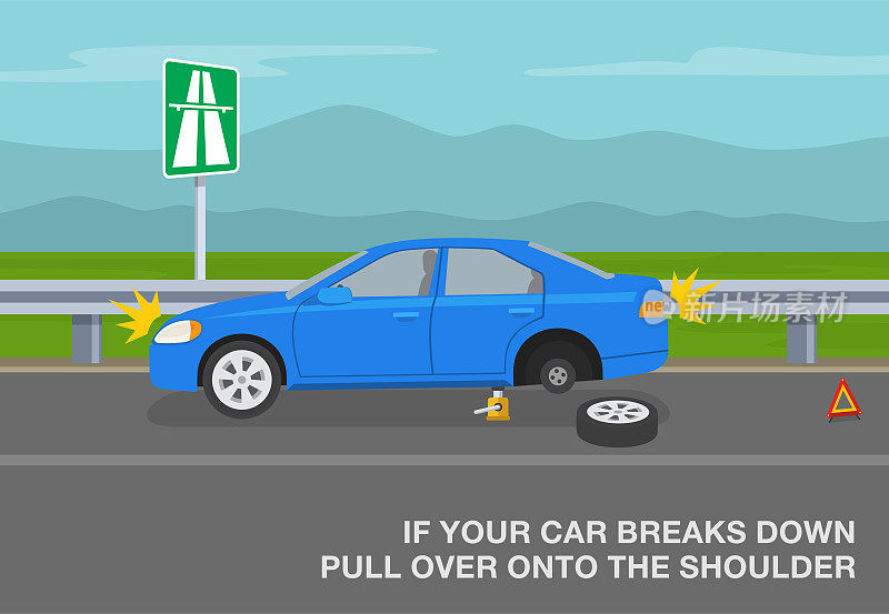 高速公路安全驾驶规则。如果你的车坏了，把车停在路肩上。高速公路、高速公路、高速公路的交通规则。破车。
