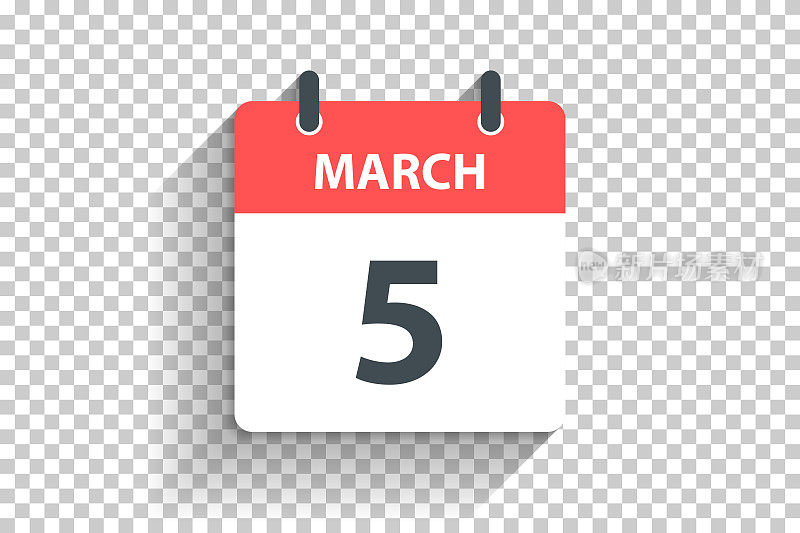 3月5日-每日日历图标在空白背景上的平面设计风格