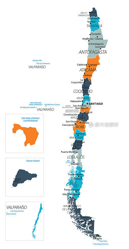智利的地图。智利矢量彩色地图