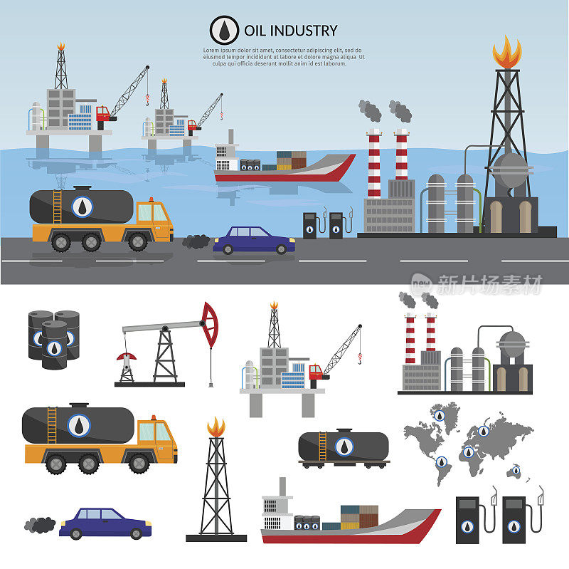 矢量石油工业加工运输信息图集生产要素。