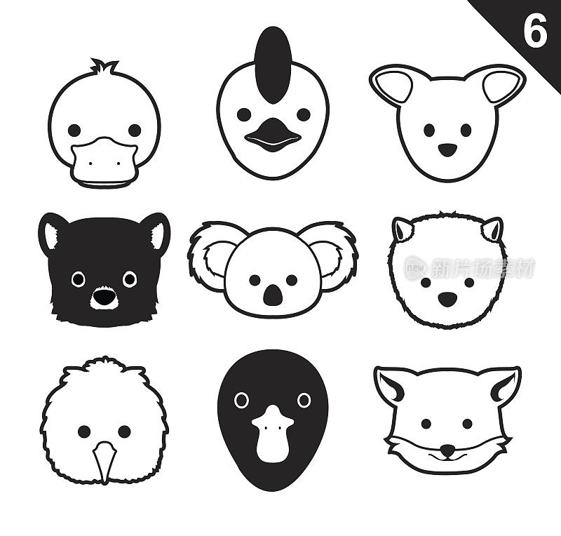 平面动物面孔单色图标卡通矢量集6(澳大利亚)