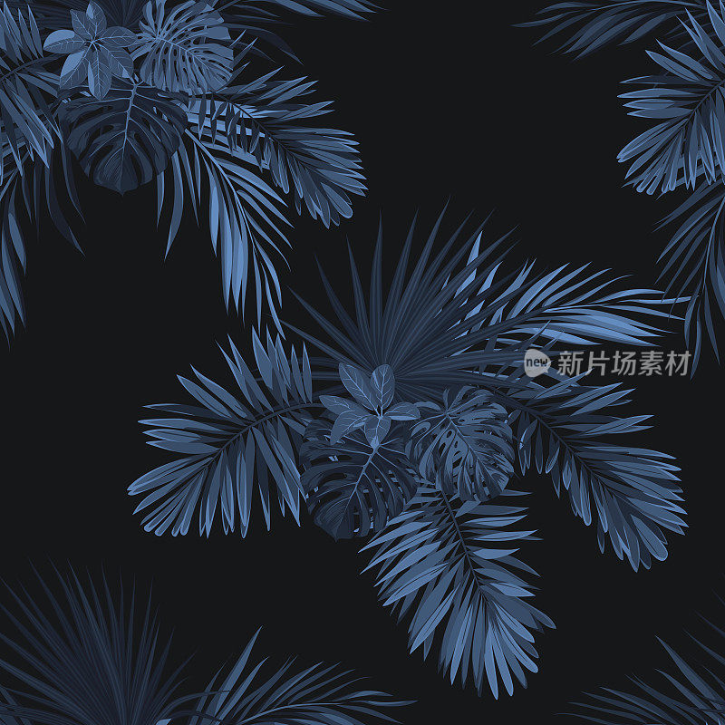 蓝色靛蓝热带图案与丛林植物。无缝热带织物设计与凤凰棕榈叶