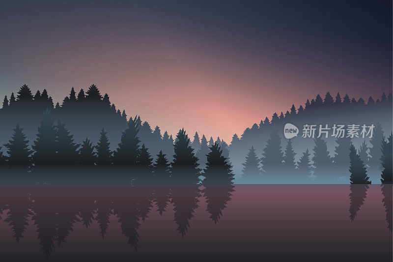 黄昏时分的湖景和松林